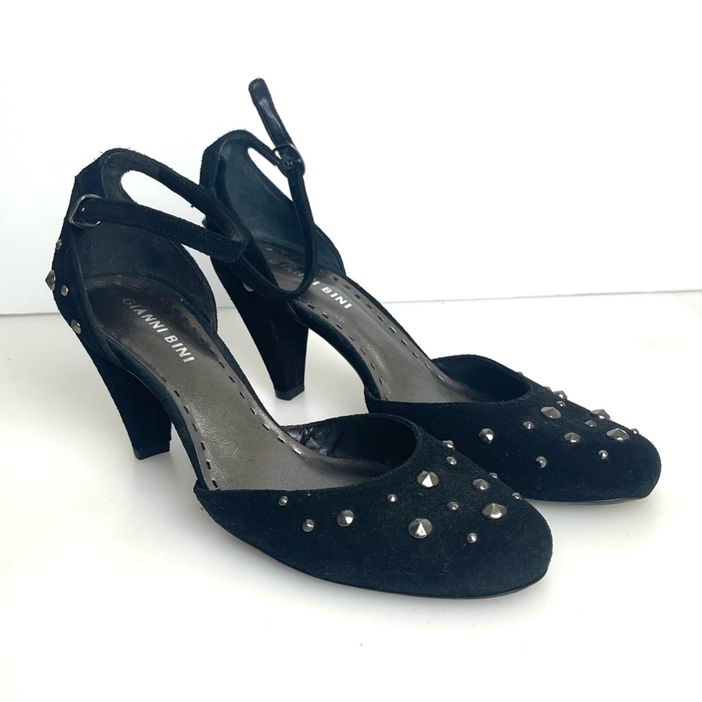 Gianni Bini Suede Leather Ankle Strap 2.75” Heels Studded Shoes Size 8.5 Black